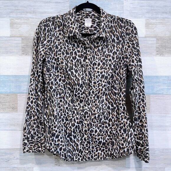 J CREW The Perfect Shirt Brown Animal Print Cotton Casual Womens 6 - Picture 1 of 3